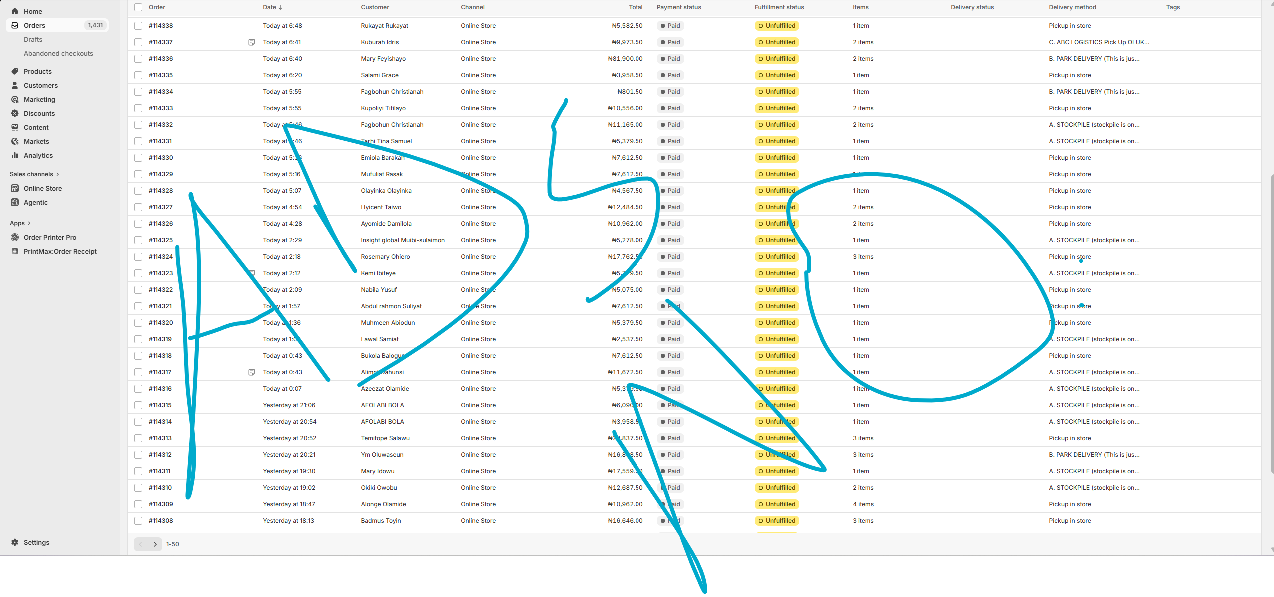 Shopify orders list — 1,431 paid orders