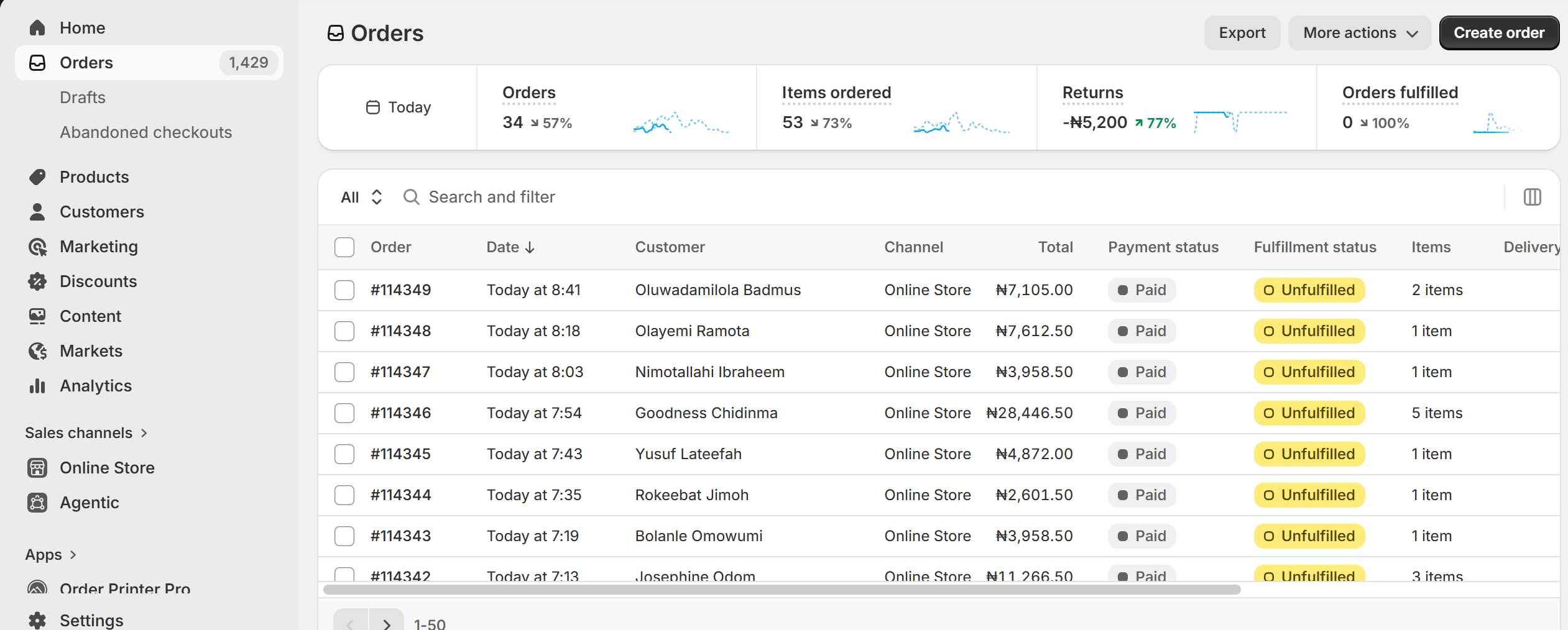 Shopify orders dashboard — 34 orders today